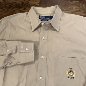 Ralph Lauren Polo Mens Beige Button Long Sleeve Shirt Medium GOLD‎ CREST